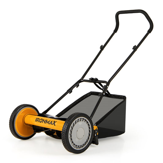 Orange 16-inch push lawn mower with 5 steel blades and grass catcher bag, ideal for garden lawn care.
