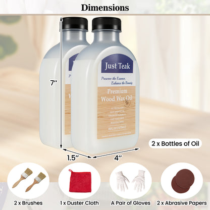 Two 16 oz bottles of Wilsons Home Store wood oil cleaner and brightener for outdoor and indoor furniture, shown alongside furniture.