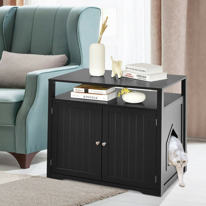 Wooden Cat Litter Box Enclosure Hidden Cat Washroom with Storage Layer-Black