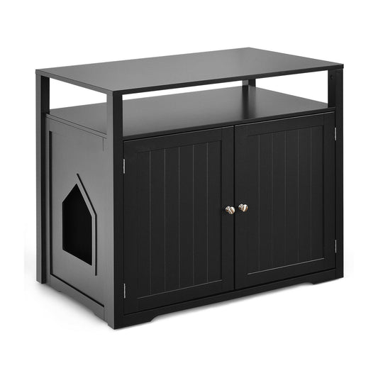 Black wooden cat litter box enclosure with hidden washroom and storage layer, designed for pets and cat supplies.