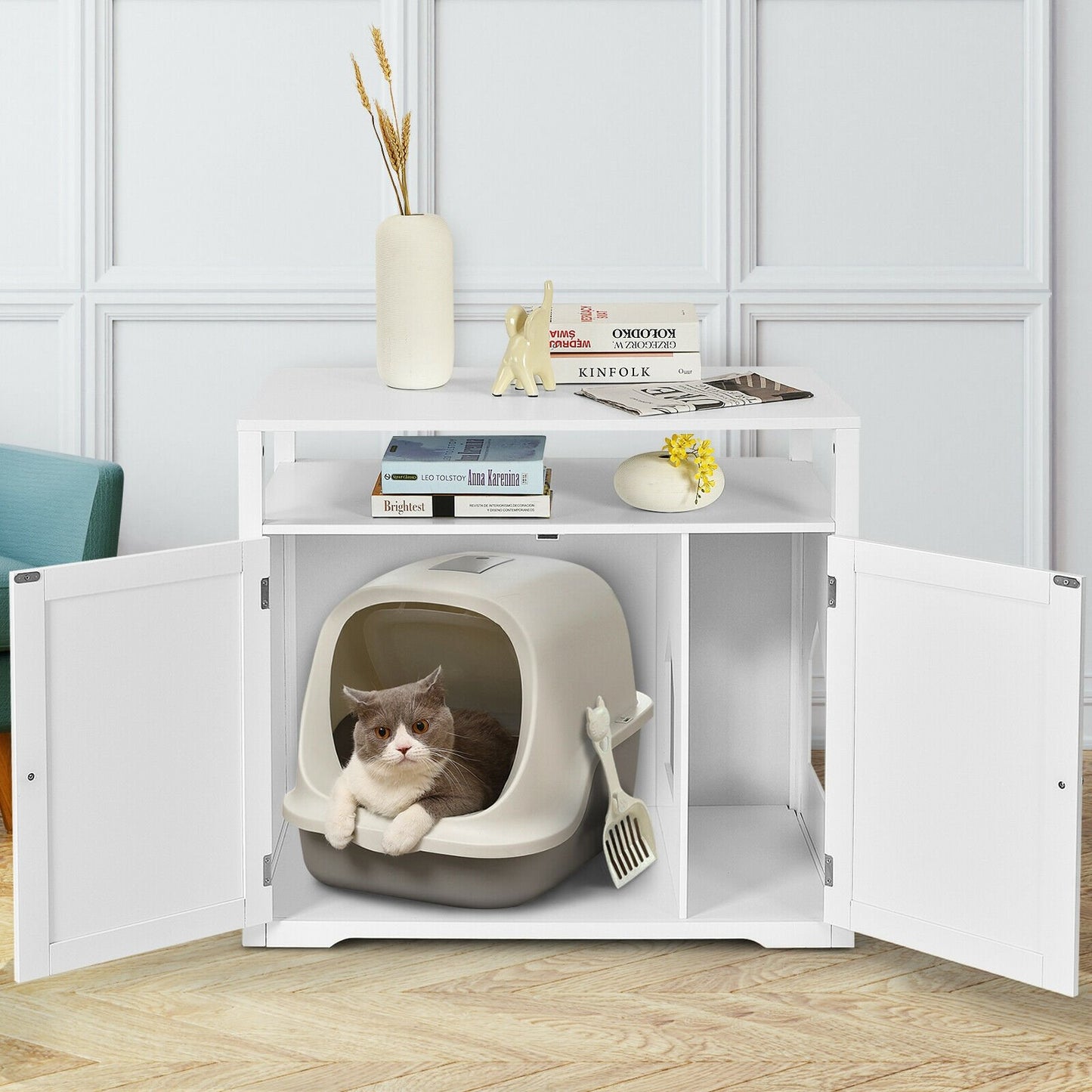 Wooden Cat Litter Box Enclosure Hidden Cat Washroom with Storage Layer-Black