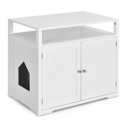 Wooden Cat Litter Box Enclosure Hidden Cat Washroom with Storage Layer-White