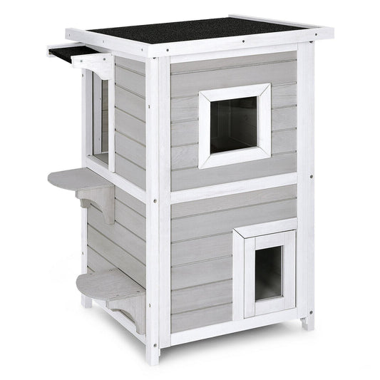 2-Story Wooden Cat House with Escape Door Rainproof