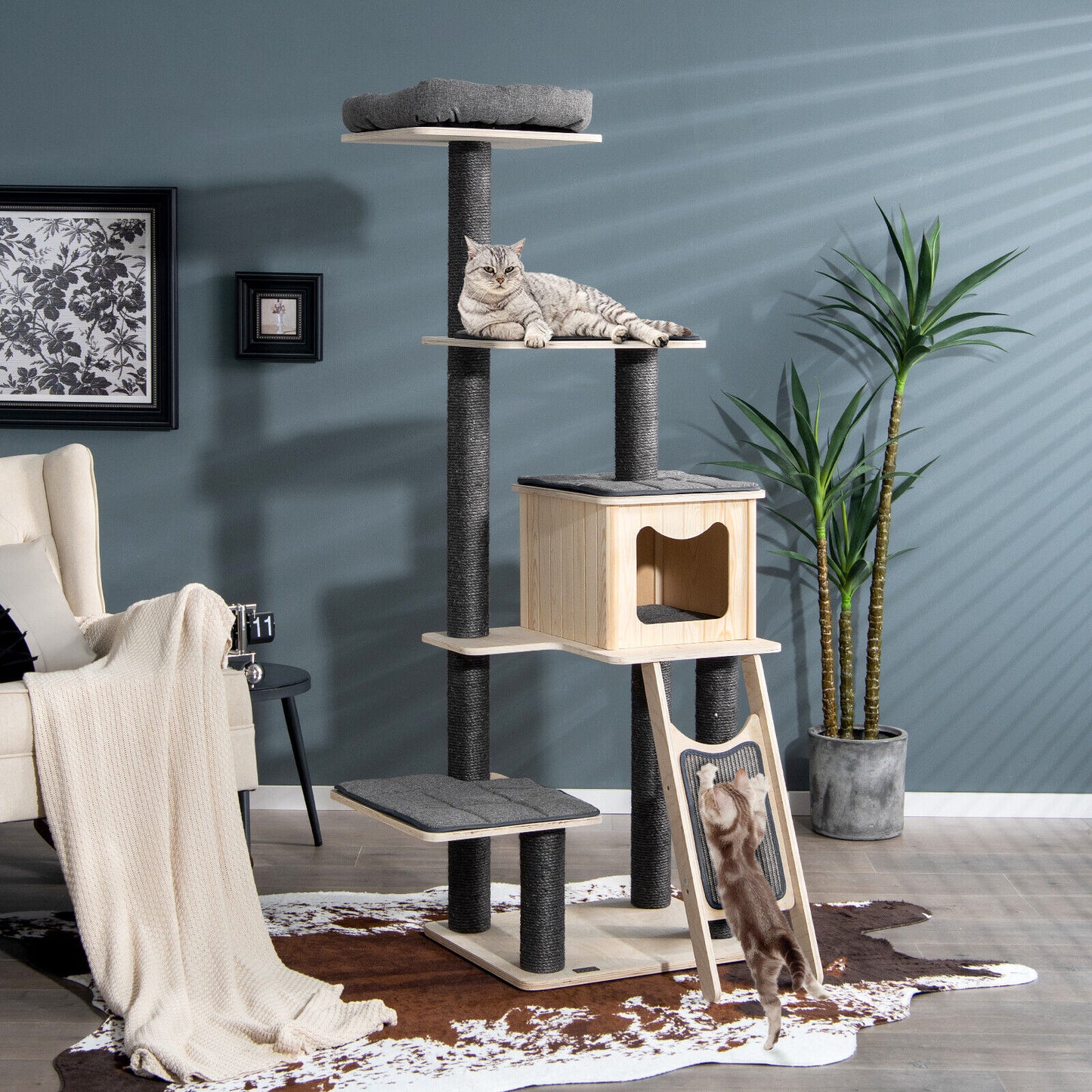 5-Tier Modern Wood Cat Tower with Washable Cushions-Gray
