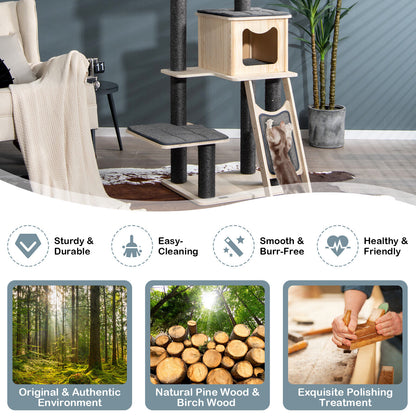 5-Tier Modern Wood Cat Tower with Washable Cushions-Gray