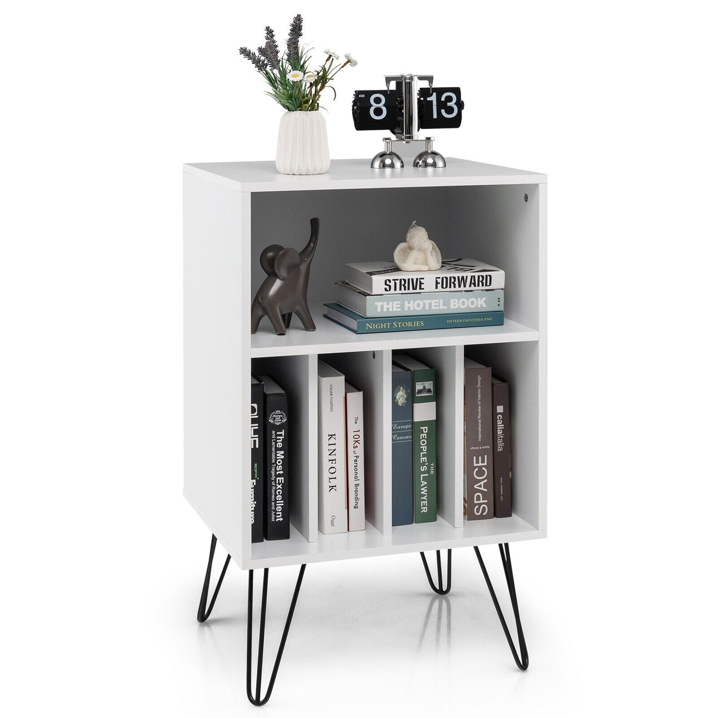 Freestanding Record Player Stand Record Storage Cabinet with Metal Legs-White