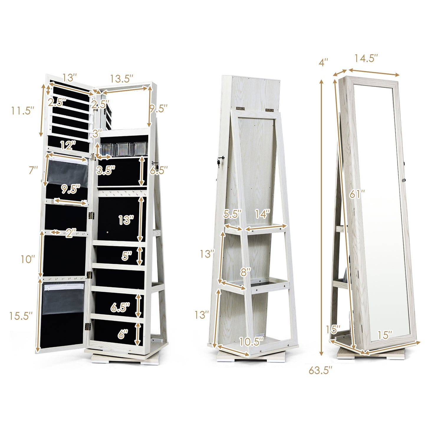 360° Rotatable 2-in-1 Lockable Jewelry Cabinet with Full-Length Mirror-White