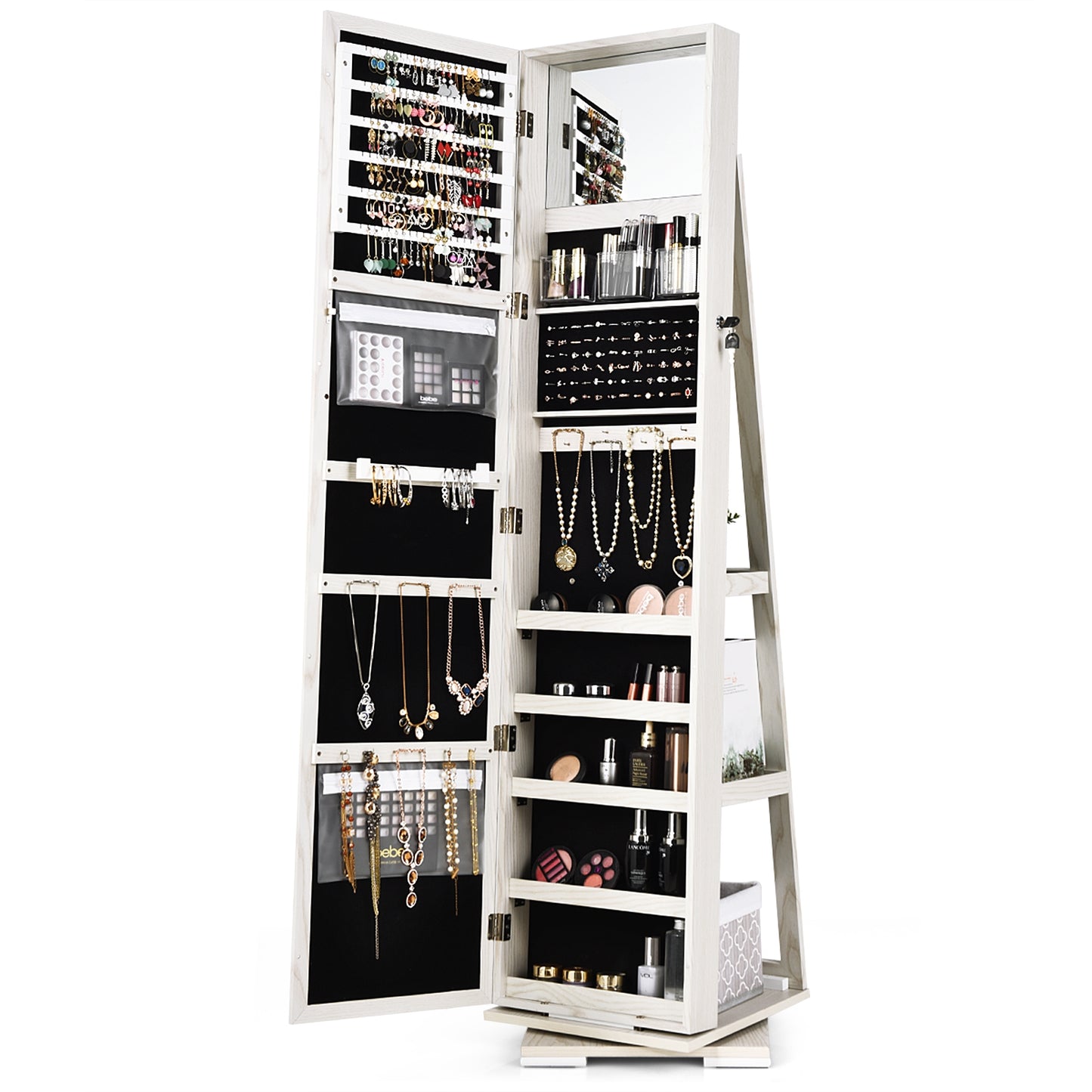 360° Rotatable 2-in-1 Lockable Jewelry Cabinet with Full-Length Mirror-White