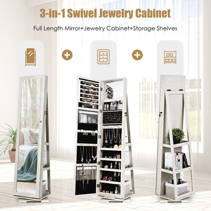 360° Rotatable 2-in-1 Lockable Jewelry Cabinet with Full-Length Mirror-White