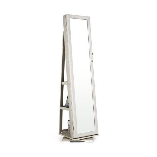 360° Rotatable 2-in-1 Lockable Jewelry Cabinet with Full-Length Mirror-White