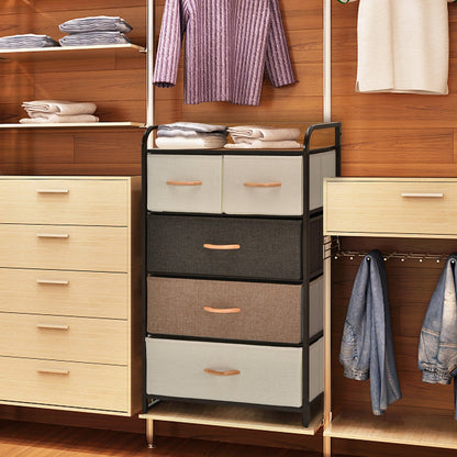 4-Tier Organizer Tower Steel Frame Wooden Top Storage with 5-Drawer Dresser-Gray