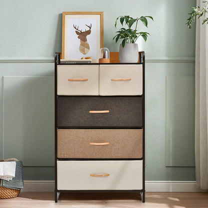 4-Tier Organizer Tower Steel Frame Wooden Top Storage with 5-Drawer Dresser-Gray