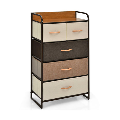 4-Tier Organizer Tower Steel Frame Wooden Top Storage with 5-Drawer Dresser-Gray