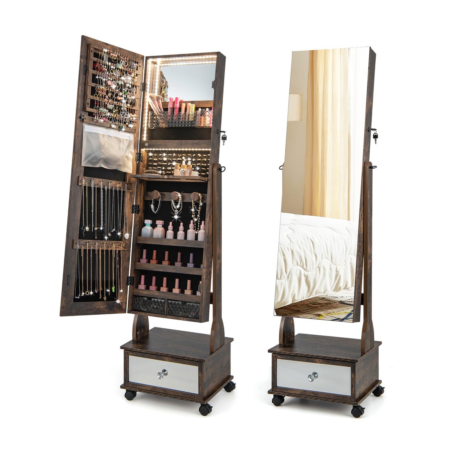 47 Inch Lockable Jewelry Cabinet Armoire with 3-Color LED Lights-Brown