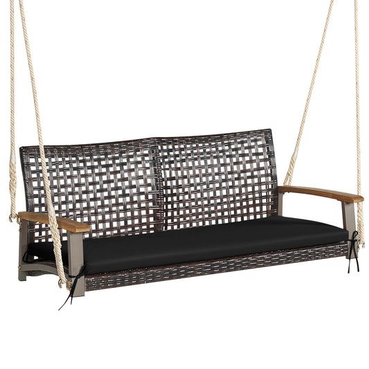 2-Person Rattan Hanging Porch Swing Chair-Black