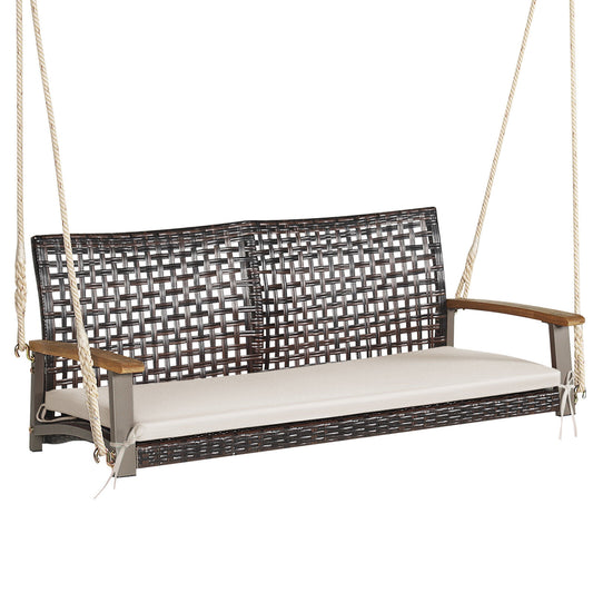 2-Person Rattan Hanging Porch Swing Chair-Off White