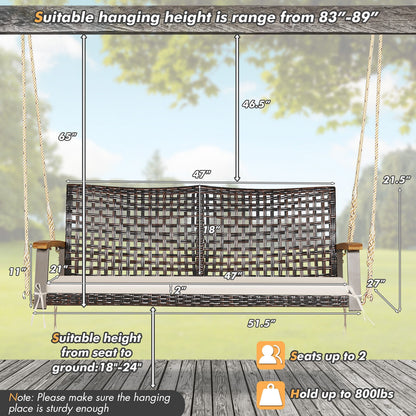 2-Person Rattan Hanging Porch Swing Chair-Off White