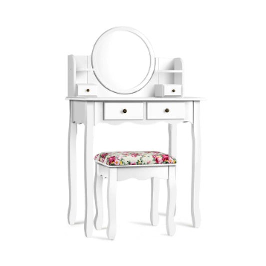Makeup Vanity Table Set Girls Dressing Table with Drawers Oval Mirror-White
