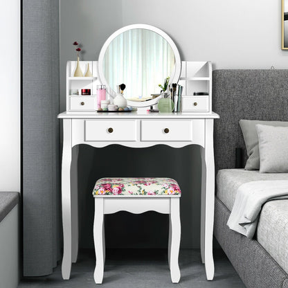 Makeup Vanity Table Set Girls Dressing Table with Drawers Oval Mirror-Black