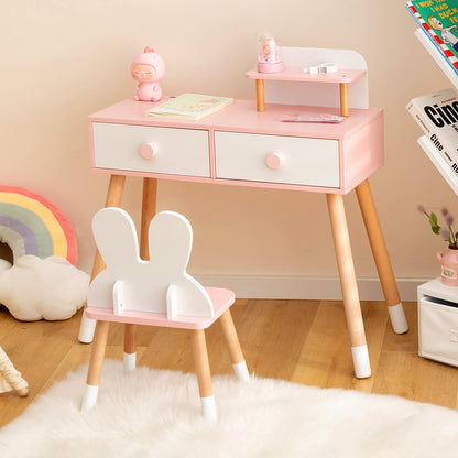 Kids Vanity Table and Chair Set with Drawer Shelf and Rabbit Mirror-Pink