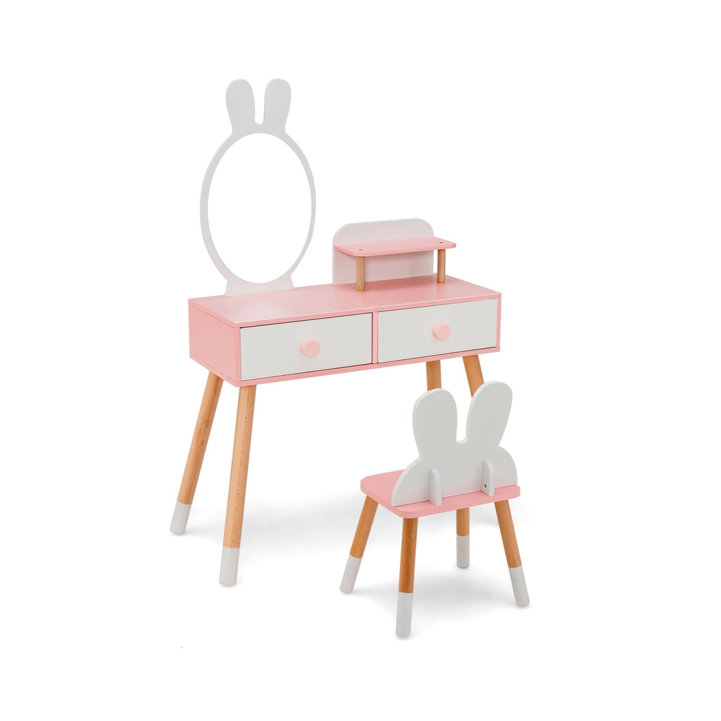 Kids Vanity Table and Chair Set with Drawer Shelf and Rabbit Mirror-Pink