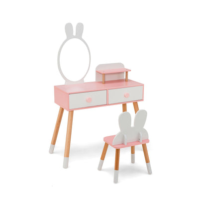 Kids Vanity Table and Chair Set with Drawer Shelf and Rabbit Mirror-Pink