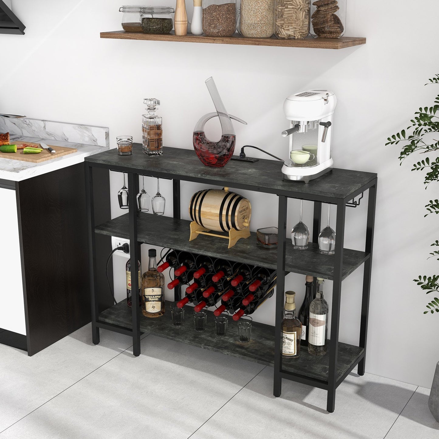 Industrial Wine Rack Wine Bar Cabinet with Storage Shelves-Brown