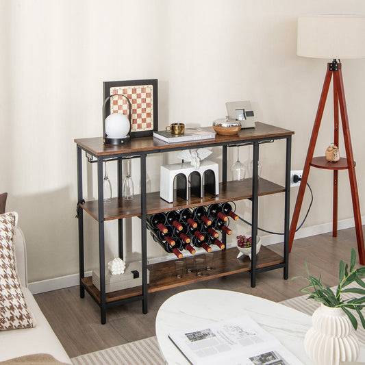 Industrial Wine Rack Wine Bar Cabinet with Storage Shelves-Brown