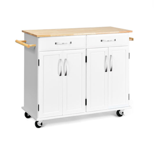 Wood Top Rolling Kitchen Trolley Island Cart Storage Cabinet-White