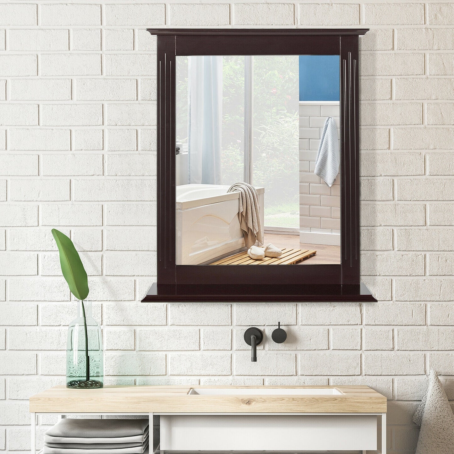 Wall-Mounted Multipurpose Vanity Mirror with Shelf-Brown