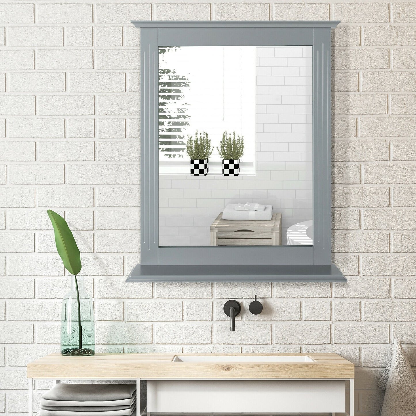 Wall-Mounted Multipurpose Vanity Mirror with Shelf-Gray