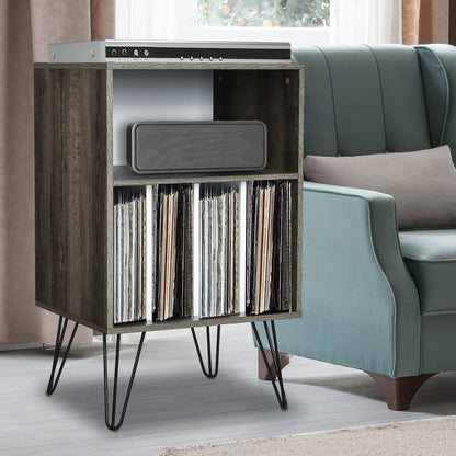 Freestanding Record Player Stand Storage Cabinet with Metal Legs-Coffee