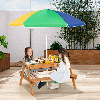 3-in-1 Kids Outdoor Picnic Water Sand Table with Umbrella Play Boxes-Blue