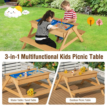 3-in-1 Kids Picnic Table Wooden Outdoor Water Sand Table with Play Boxes