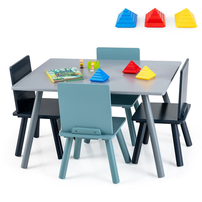 5 Pieces Kids Wooden Activity Play Furniture Set with Building Blocks-Blue