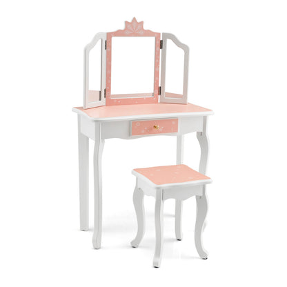 Princess Vanity Table and Chair Set with Tri-Folding Mirror and Snowflake Print-Blue