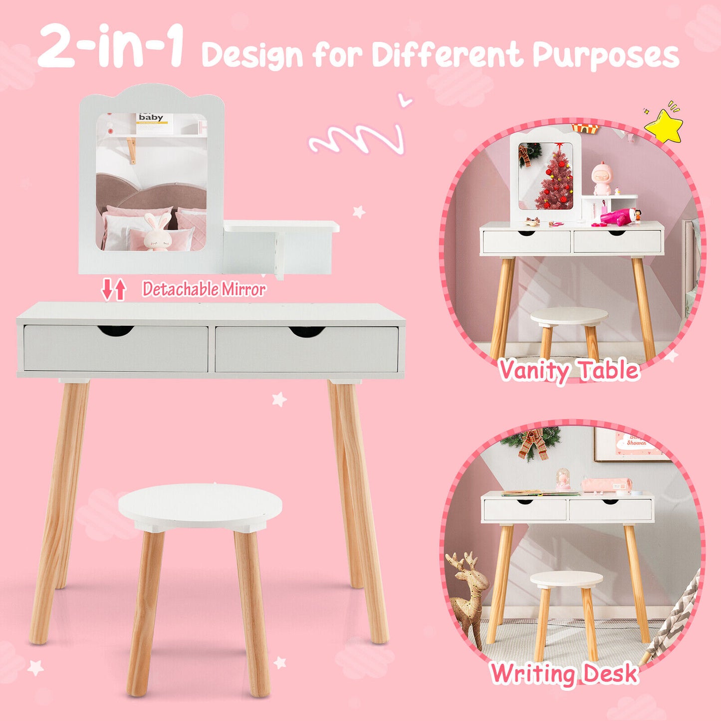 Kid Vanity Table Chair Set with Mirror and 2 Large Storage Drawers-White
