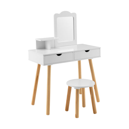 Kid Vanity Table Chair Set with Mirror and 2 Large Storage Drawers-White