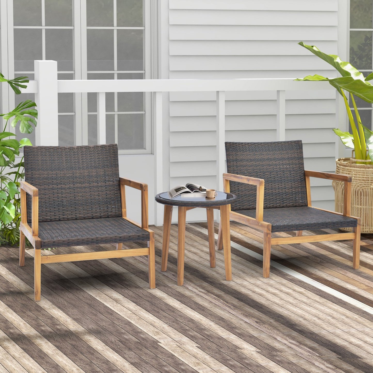 3 Pieces Patio Furniture Set with Cushioned Chairs and Tempered Glass Side Table-Black