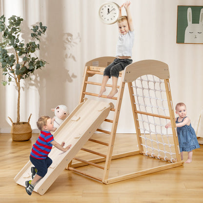 6-in-1 Jungle Gym Wooden Indoor Playground with Double-Sided Ramp and Monkey Bars-Multicolor