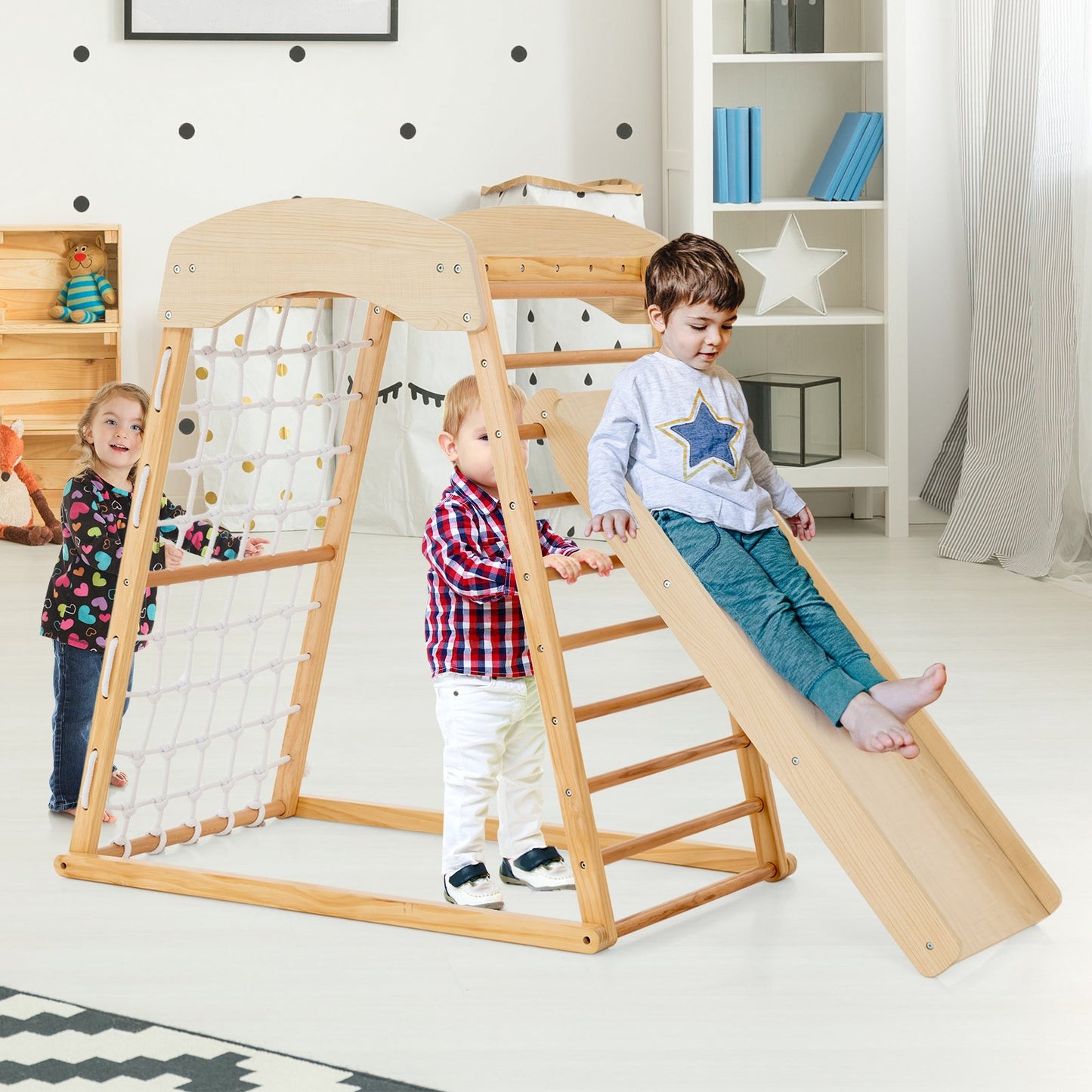6-in-1 Jungle Gym Wooden Indoor Playground with Double-Sided Ramp and Monkey Bars-Multicolor