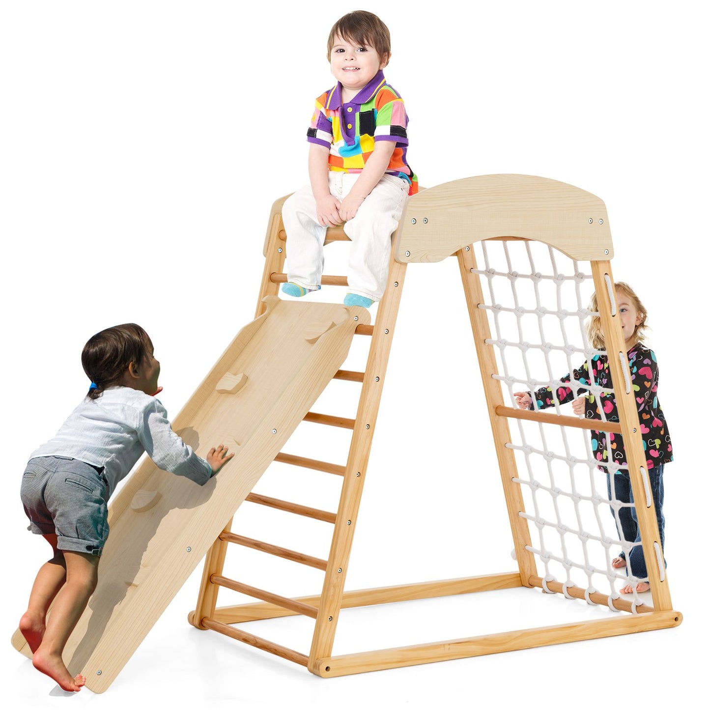 6-in-1 Jungle Gym Wooden Indoor Playground with Double-Sided Ramp and Monkey Bars-Multicolor