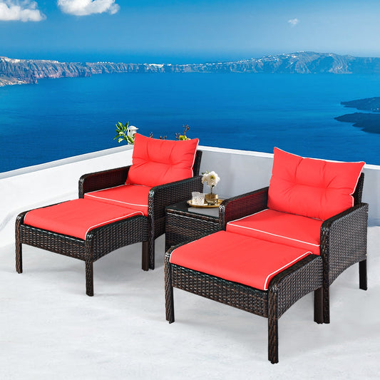 5 Pcs Patio Rattan Sofa Ottoman Furniture Set with Cushions-Red