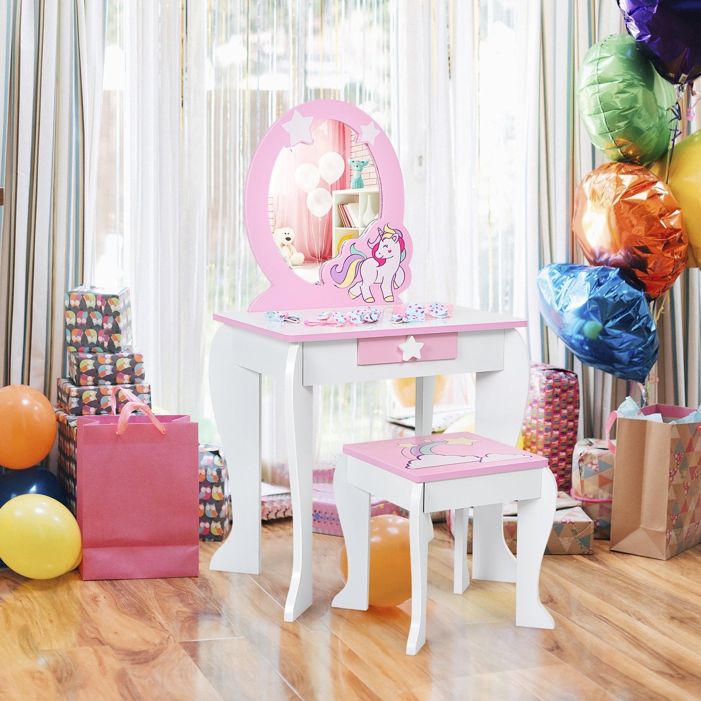 Kids Wooden Makeup Dressing Table and Chair Set with Mirror and Drawer-Pink
