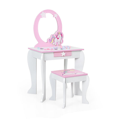 Kids Wooden Makeup Dressing Table and Chair Set with Mirror and Drawer-Pink