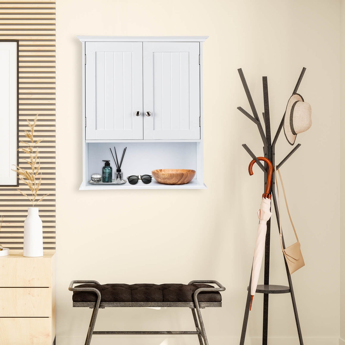 Wall Mount Bathroom Cabinet Storage Organizer with Doors and Shelves-Black