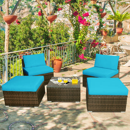 5 Pieces Patio Rattan Furniture Set with Cushioned Armless Sofa-Red