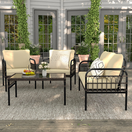 4 Pieces Outdoor Wicker Conversation Bistro Set with Soft Cushions and Tempered Glass Coffee Table-Brown