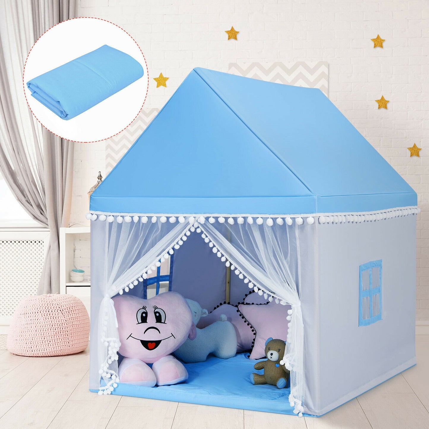 Kids Play Tent Large Playhouse Children Play Castle Fairy Tent Gift with Mat-Blue