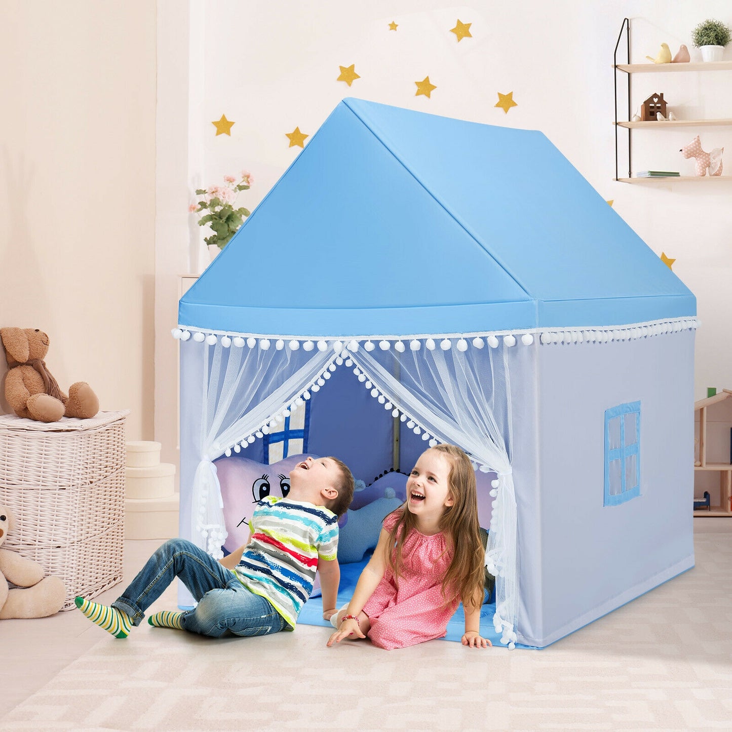 Kids Play Tent Large Playhouse Children Play Castle Fairy Tent Gift with Mat-Blue